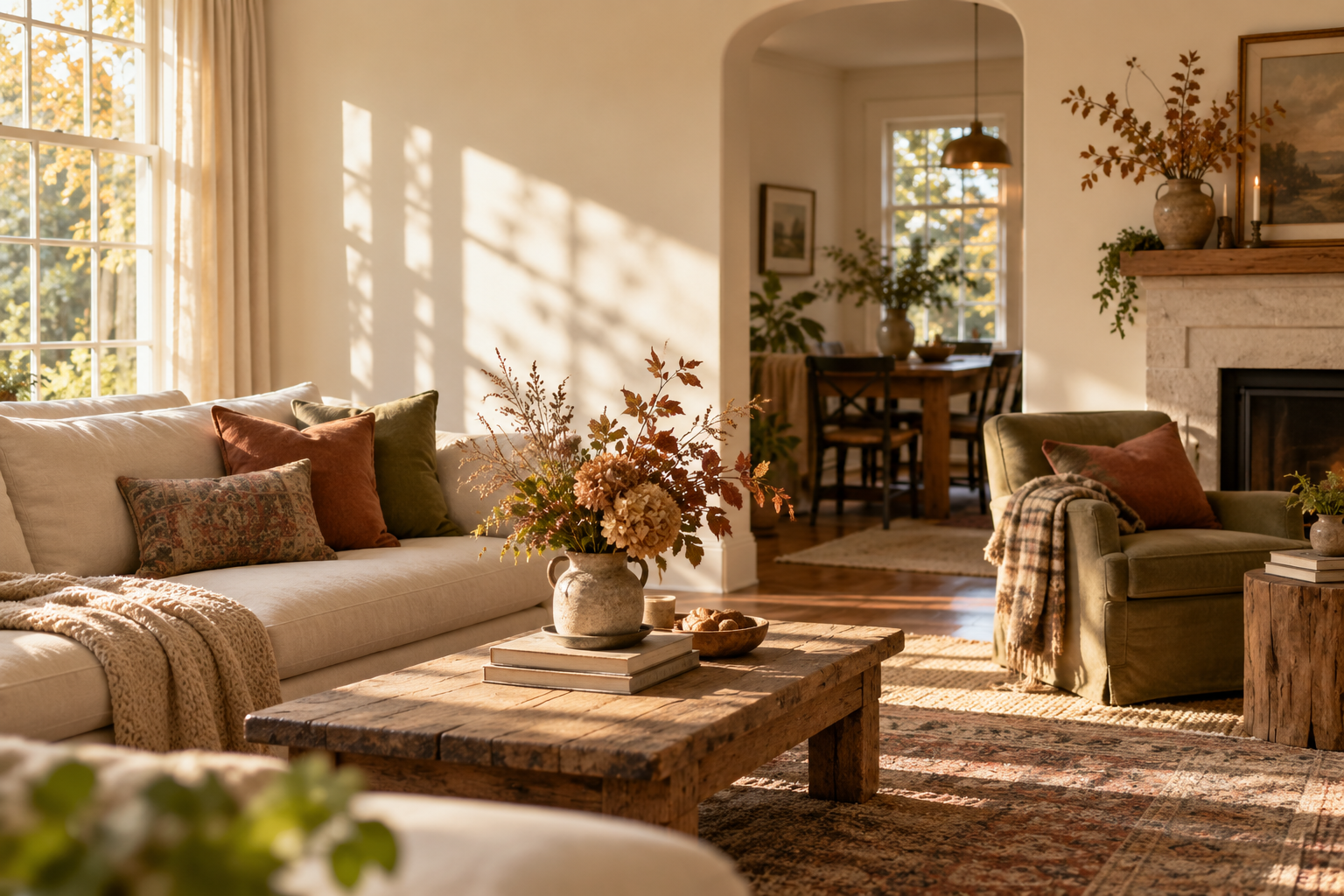 Sunlit, lived-in room with a cozy chair and seasonal branches